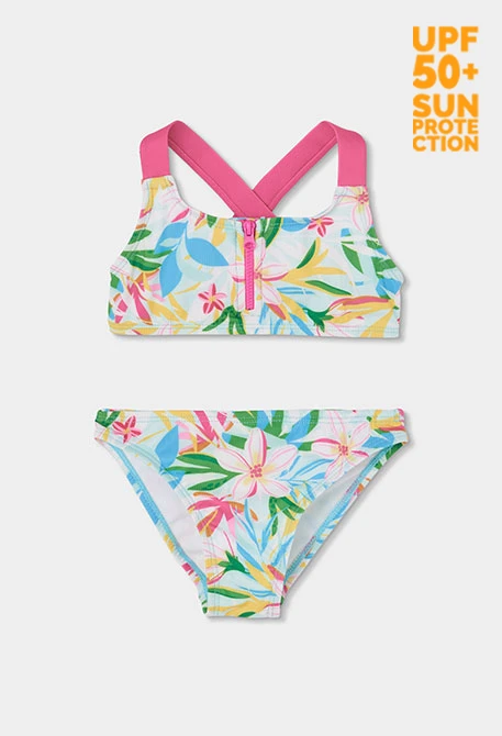Bikini bambina stampato a fiori UPF50+
