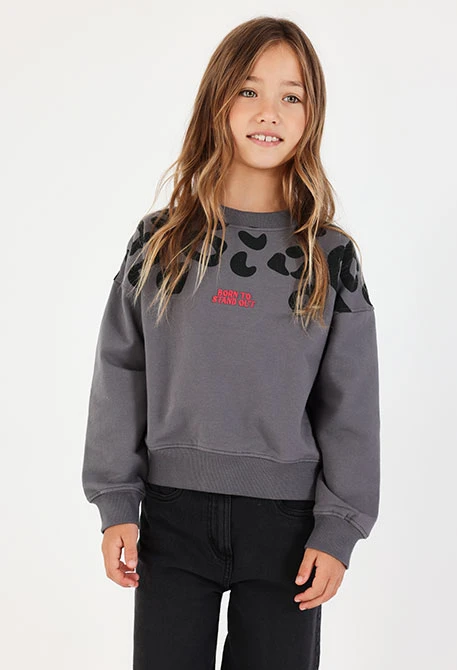 Grey leopard print girl\'s fleece sweatshirt