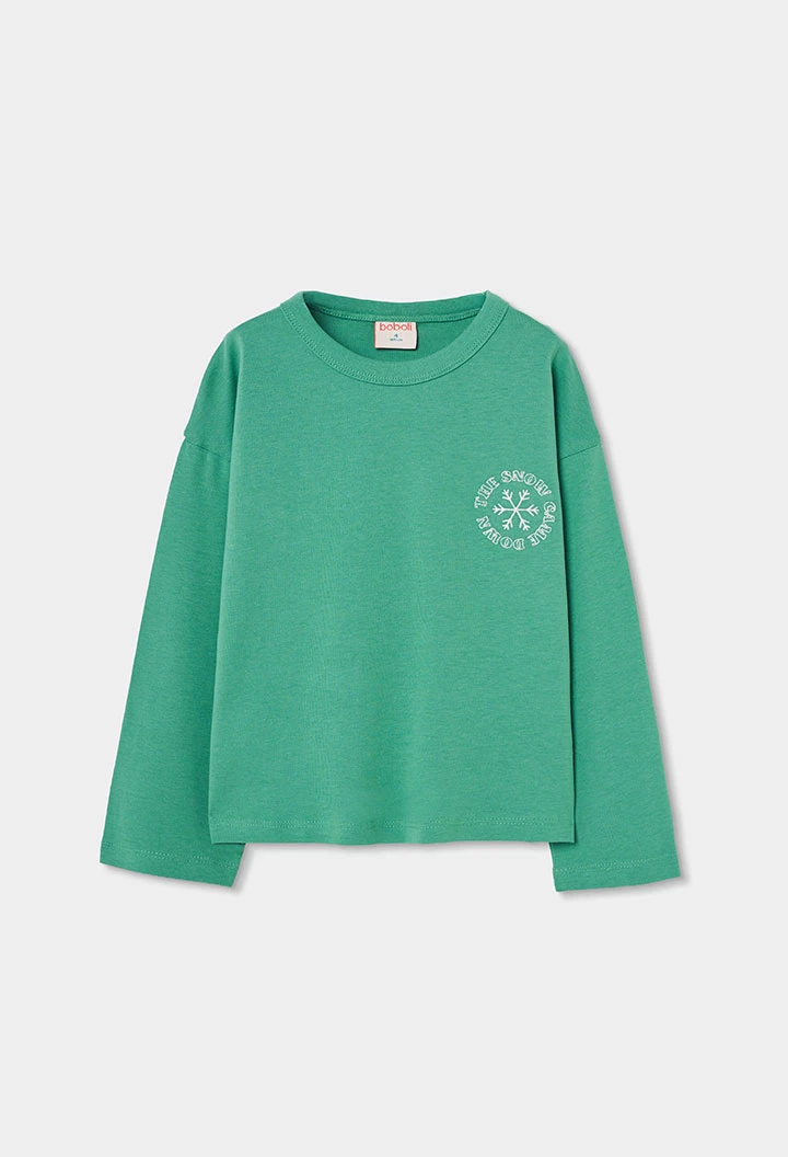 Girl\'s green snowflake print knitted T-shirt