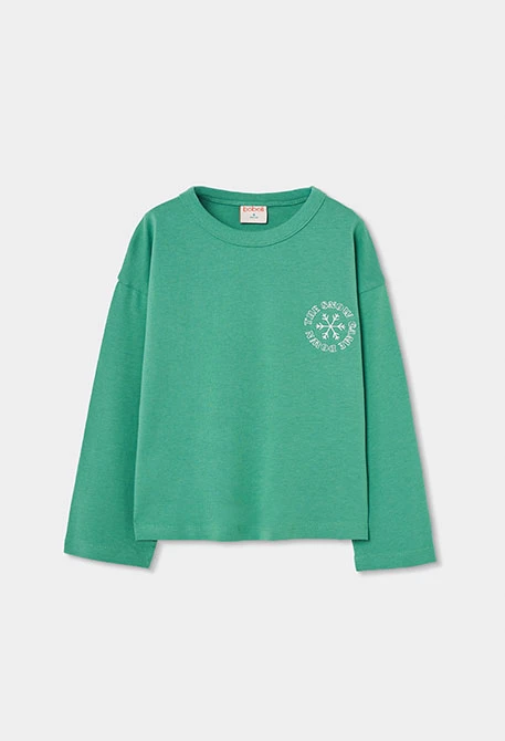 Mädchen-Strickshirt grün mit Schneeflocken-Aufdruck