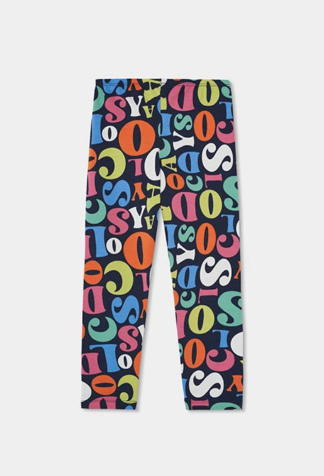 Legging stampato lettere multicolore blu navy