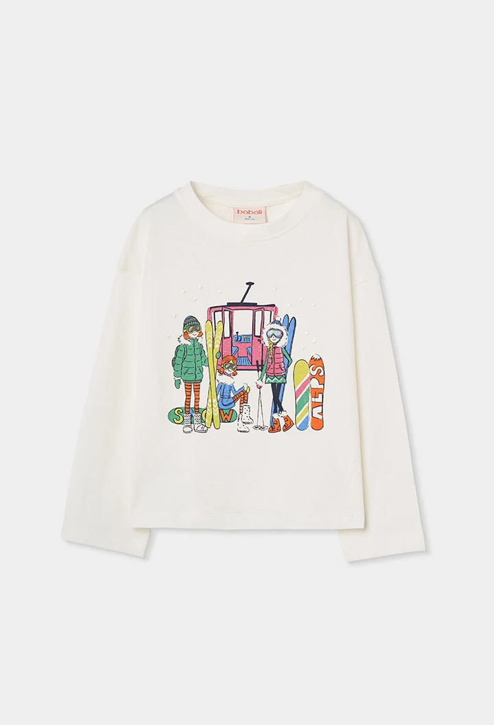 Maglietta in maglia bambina bianca con stampa sci