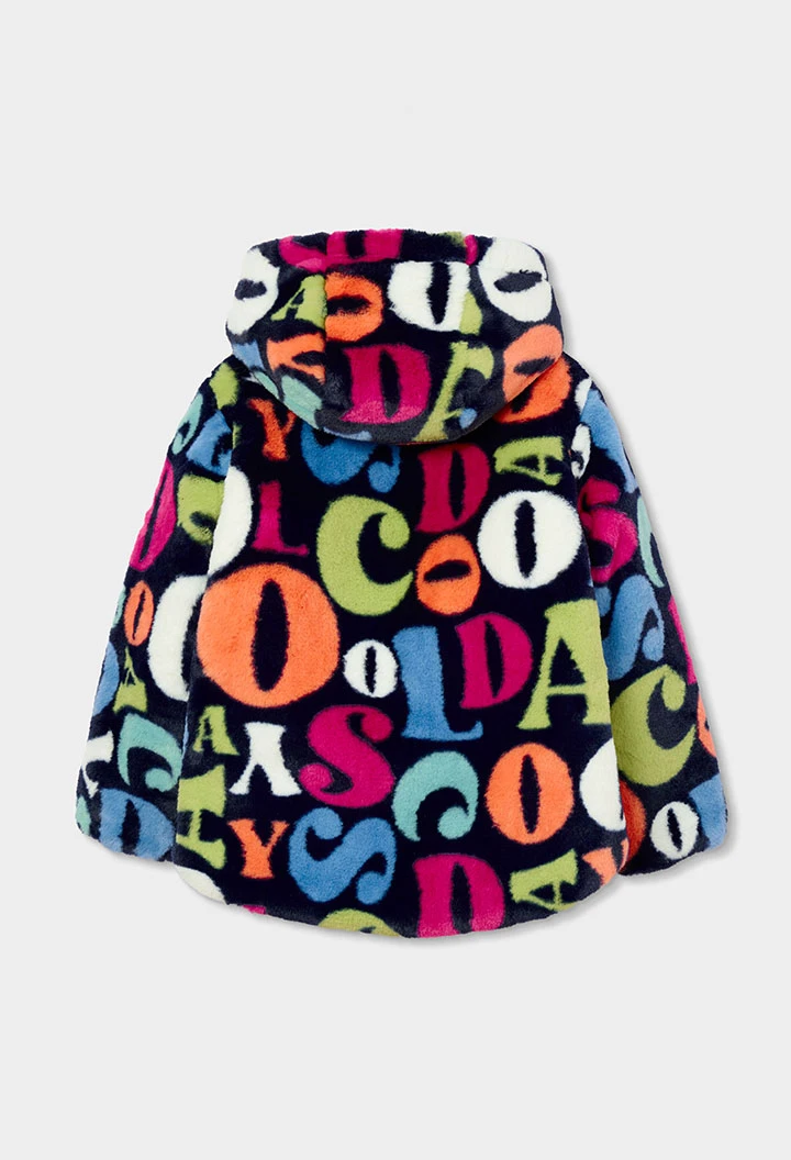 Wendbare Mädchen-Parka aus bedrucktem Plüsch mit mehrfarbigen Buchstaben
