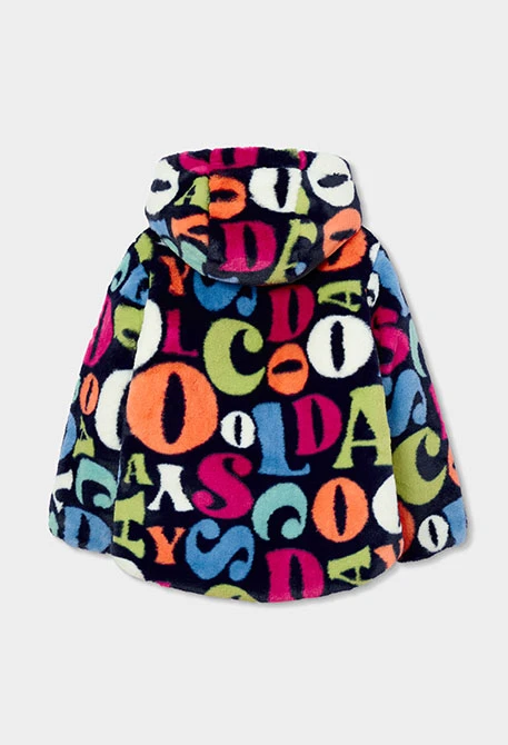 Parka menina reversível pelúcia estampado letras multicolor