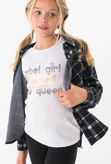 Camiseta de punto elastico para niña en blanco con estampado