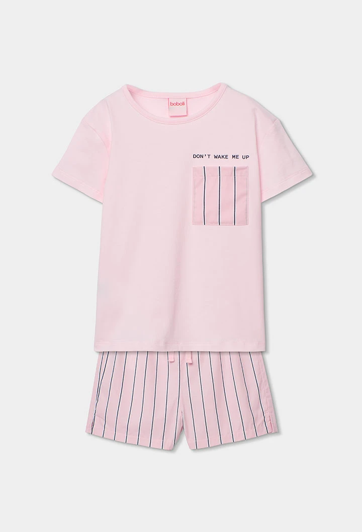 Pigiama bambina cotone rosa a righe nere