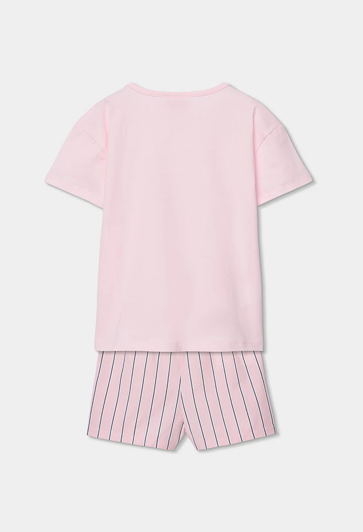 Pigiama bambina cotone rosa a righe nere