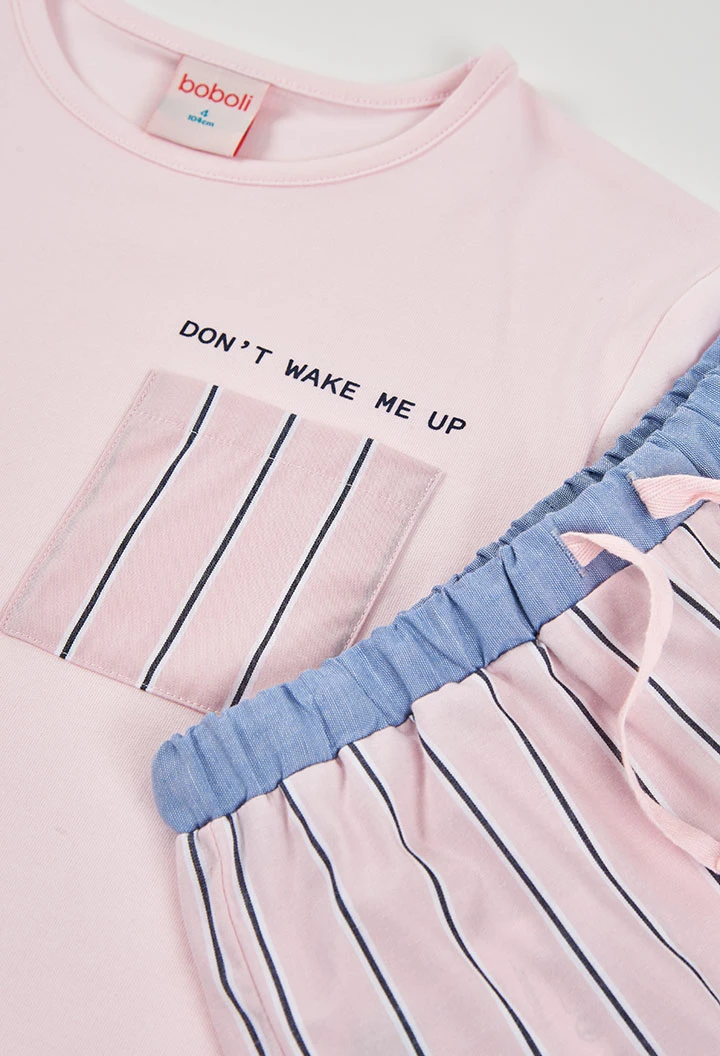 Pigiama bambina cotone rosa a righe nere