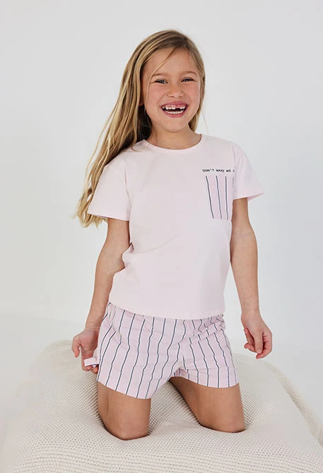 Pijama menina algodão rosa riscas pretas