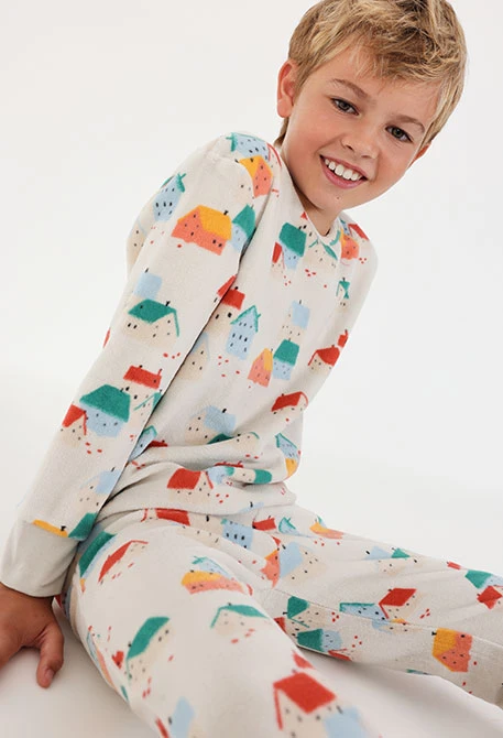 Pyjama molleton fille imprimé maisons multicolore