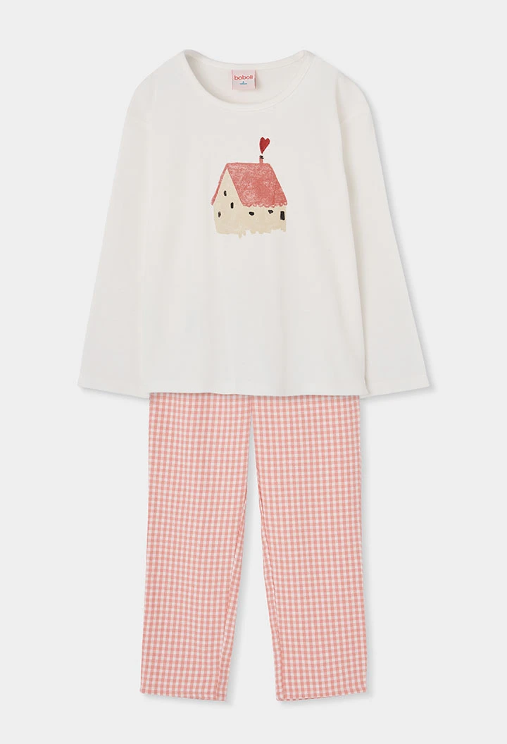 Pyjama fille carreaux rose imprimé maison