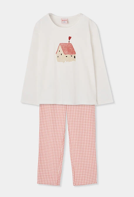 Pijama menina xadrez rosa estampado de casa
