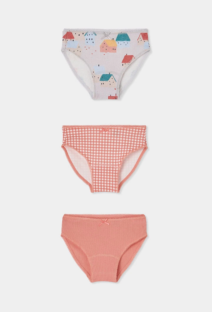 Pack 3 culottes fille rose imprimé maisons et vichy