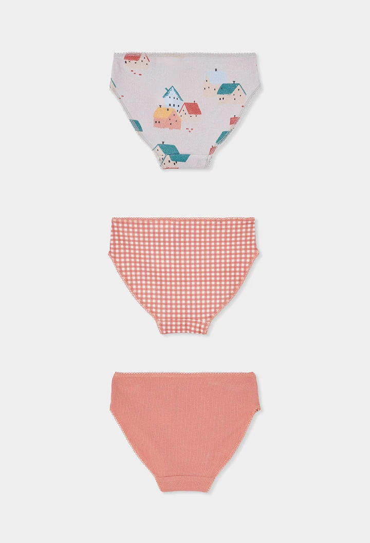 Pack 3 culottes fille rose imprimé maisons et vichy