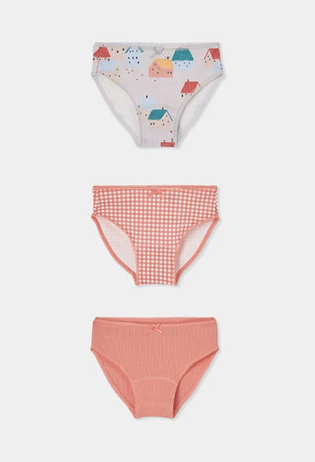 Pack of 3 pink knickers with house print and gingham