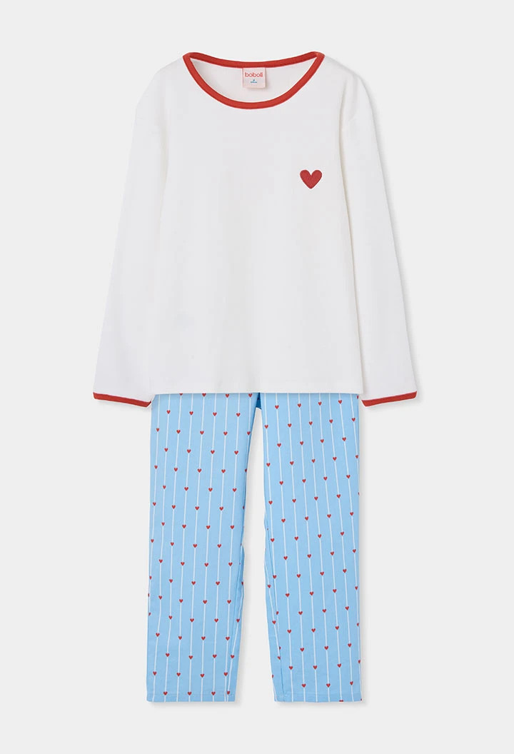 Pyjama fille blanc et bleu imprimé cœurs