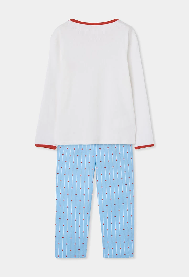 Pyjama fille blanc et bleu imprimé cœurs