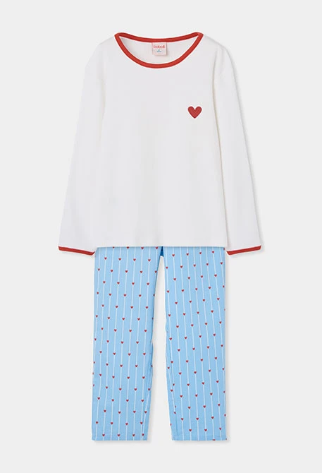 Pijama menina branco e azul estampado corações