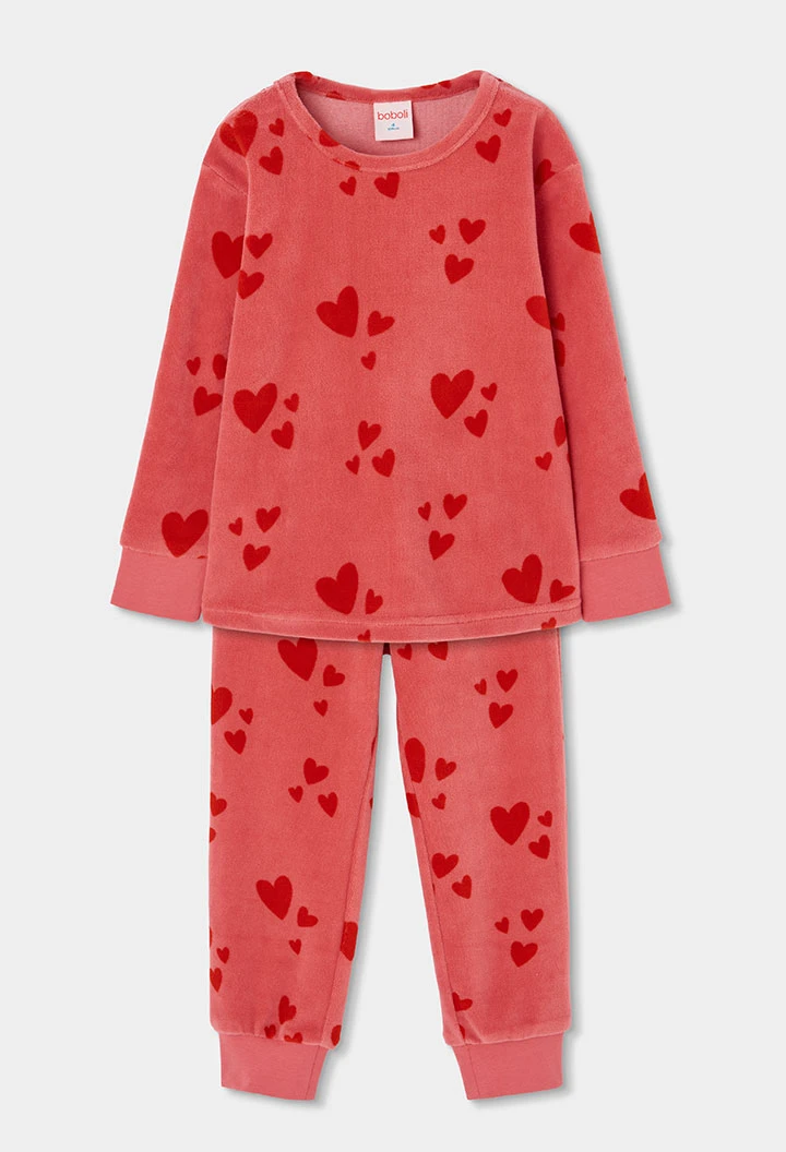 Pyjama en molleton fille rose imprimé cœurs rouges