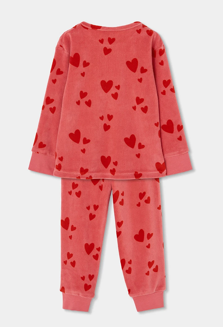 Pyjama en molleton fille rose imprimé cœurs rouges