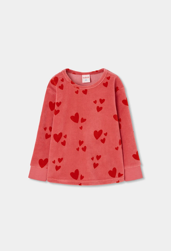 Pyjama en molleton fille rose imprimé cœurs rouges