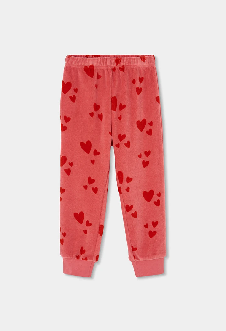 Pyjama en molleton fille rose imprimé cœurs rouges