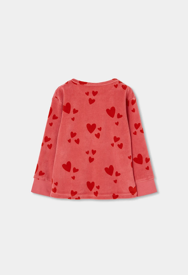 Pyjama en molleton fille rose imprimé cœurs rouges