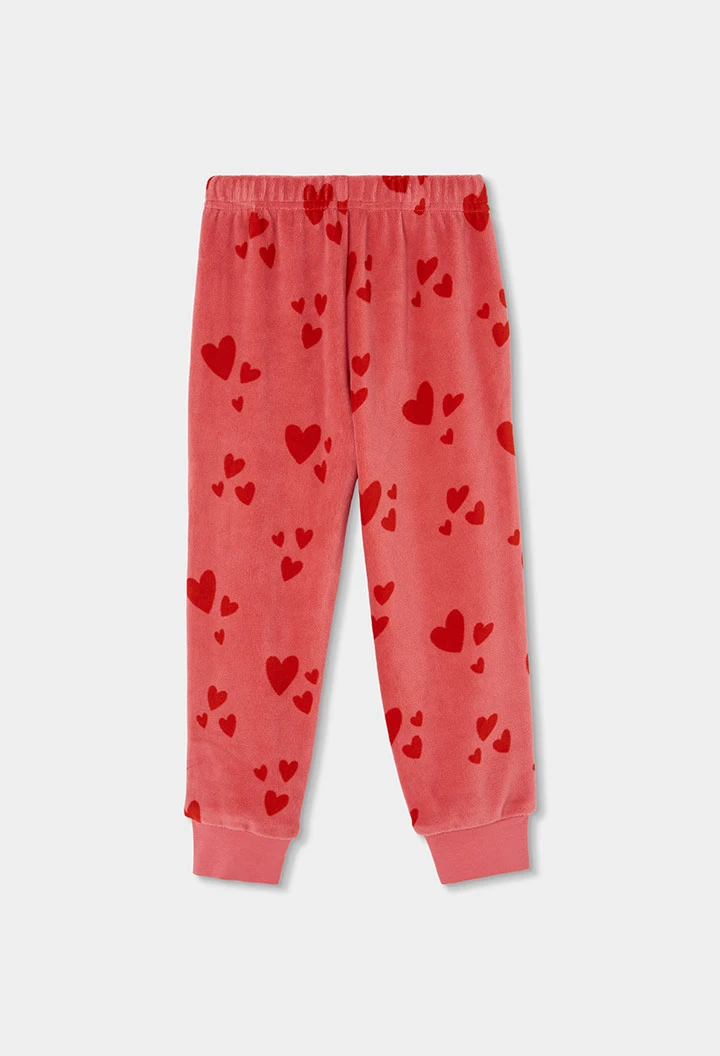 Pyjama en molleton fille rose imprimé cœurs rouges
