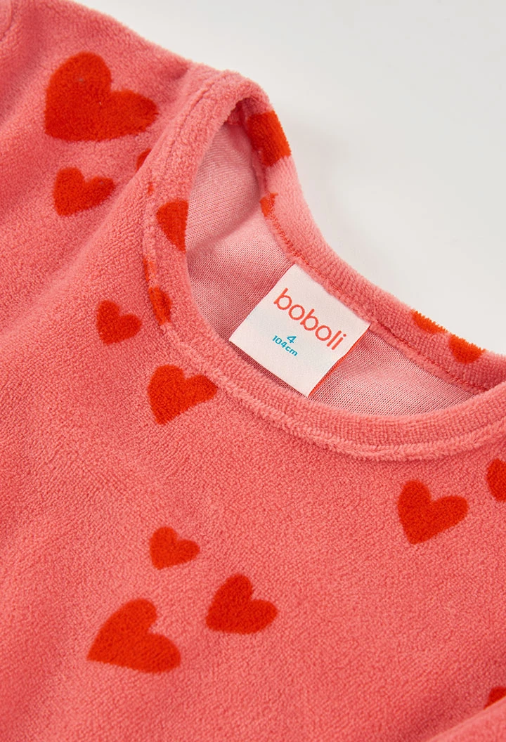 Pyjama en molleton fille rose imprimé cœurs rouges