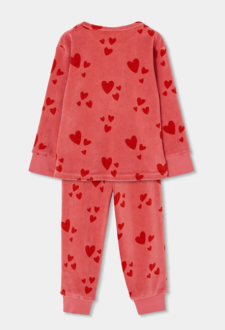Pyjama en molleton fille rose imprimé cœurs rouges