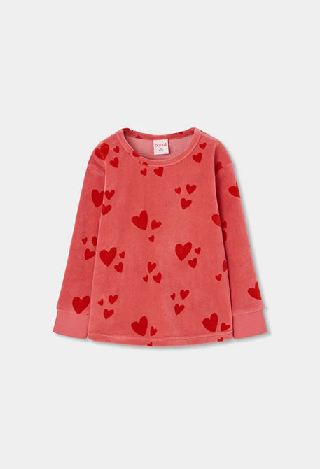 Pyjama en molleton fille rose imprimé cœurs rouges