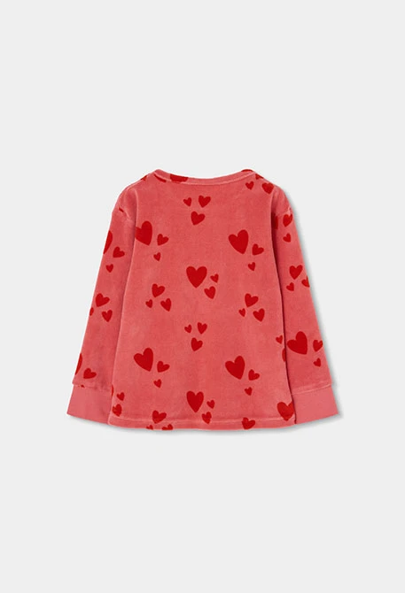 Pyjama en molleton fille rose imprimé cœurs rouges