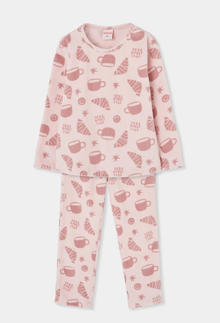 Pyjama en molleton fille rose imprimé petit-déjeuner