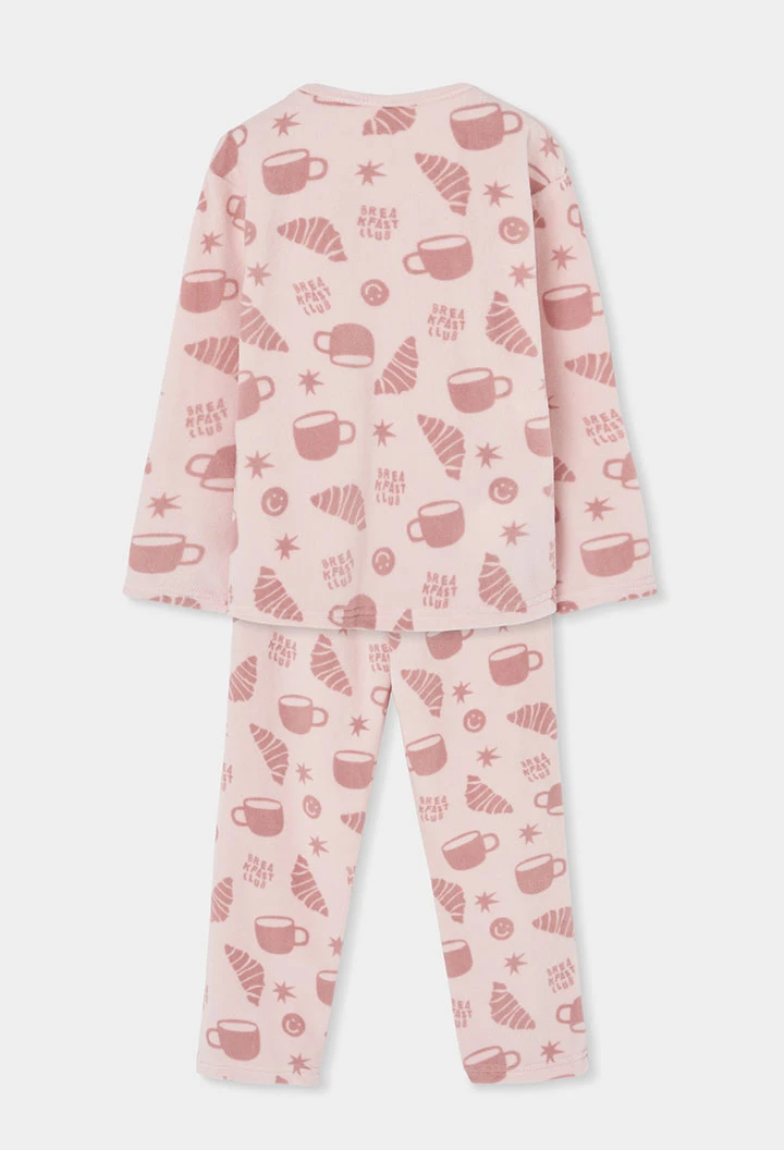 Pyjama en molleton fille rose imprimé petit-déjeuner
