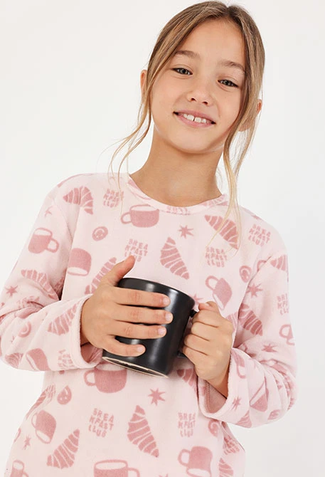 Pijama em felpa para menina rosa com estampado de pequeno-almoço