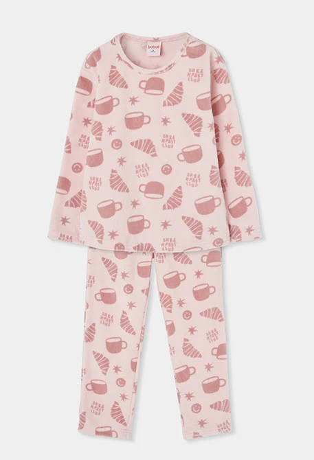 Pijama felpa niña rosa estampado desayuno