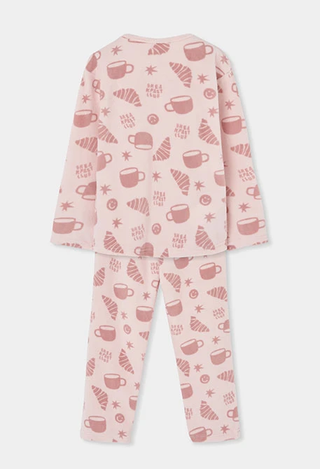 Pyjama en molleton fille rose imprimé petit-déjeuner