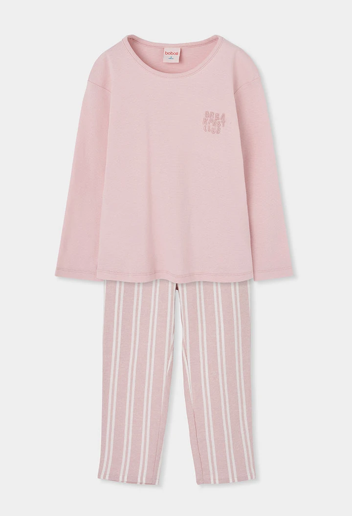 Pyjama en maille fille rose à rayures avec broderie