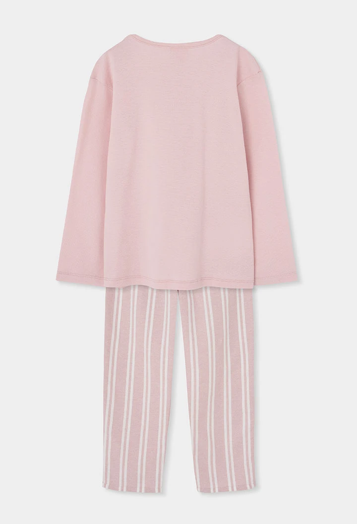 Pyjama en maille fille rose à rayures avec broderie