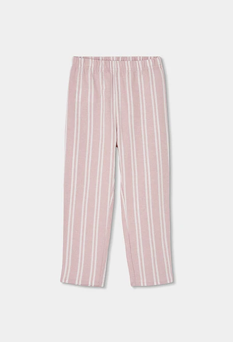 Pijama de malha menina rosa às riscas com bordado