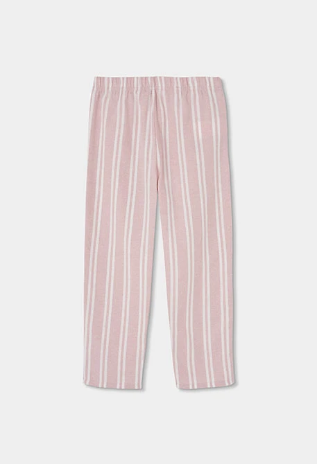 Pijama de malha menina rosa às riscas com bordado