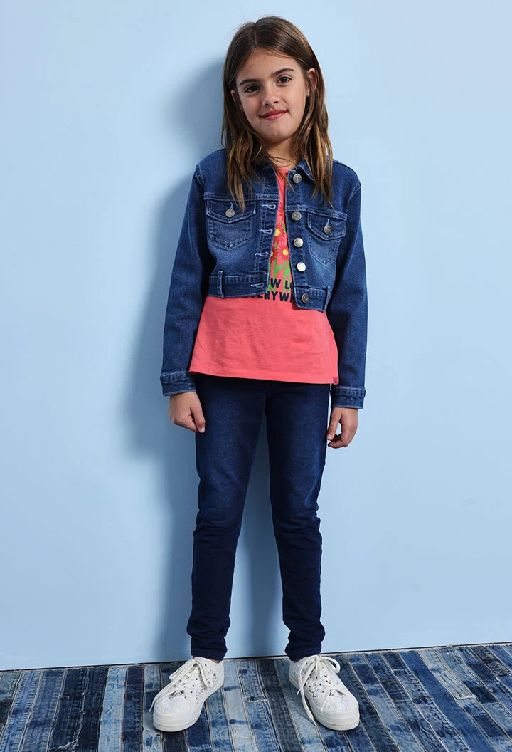 Calças de felpa denim elásticas para menina