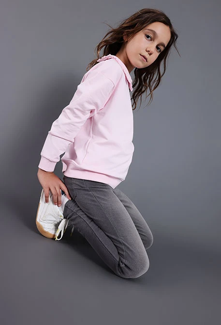 Calças de felpa elástica denim cinza para menina