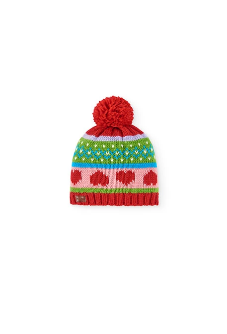 Red knitted cap with hearts for girls