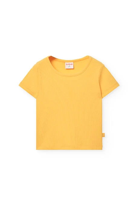 T-shirt basic in maglia per bambina di colore giallo.