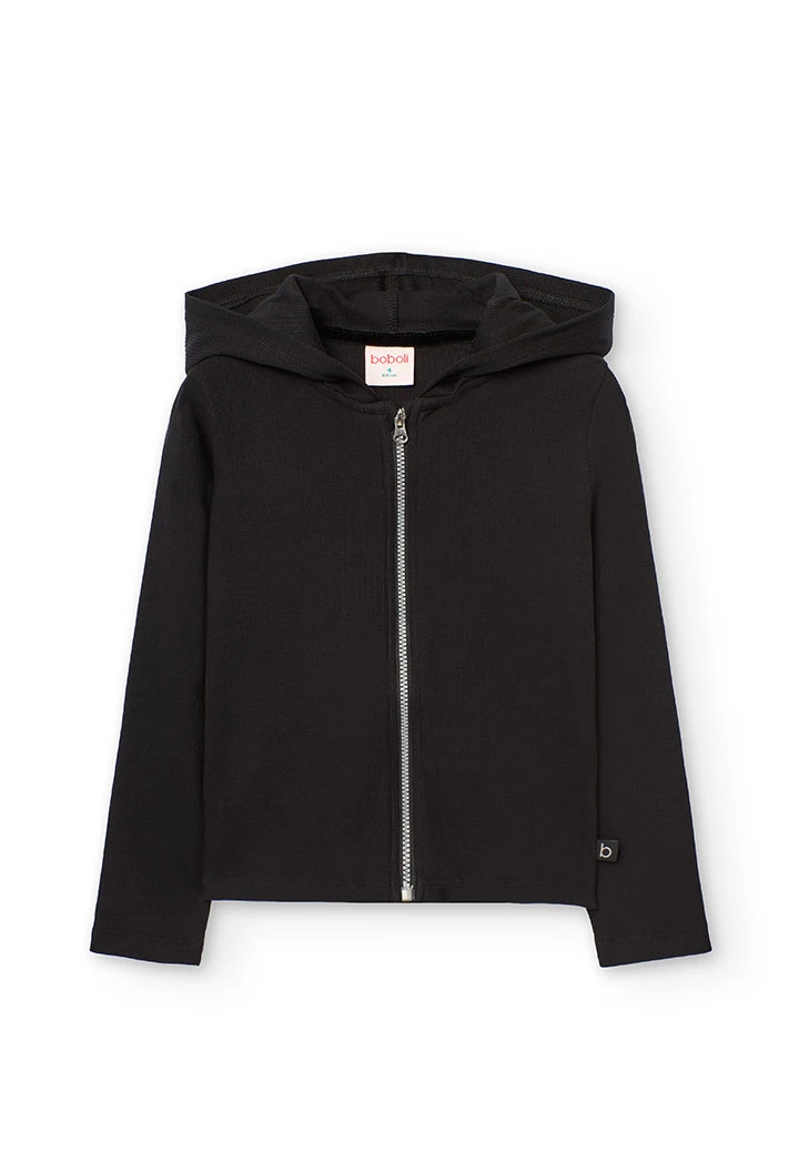 Gerippte Basic-Strickjacke für Mädchen in Schwarz
