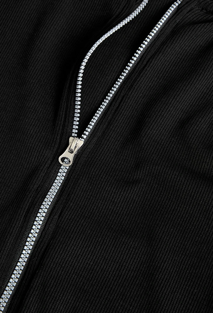 Gerippte Basic-Strickjacke für Mädchen in Schwarz