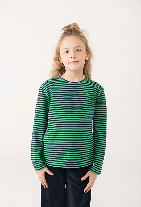 Camiseta niña punto rayas verde y azul marino