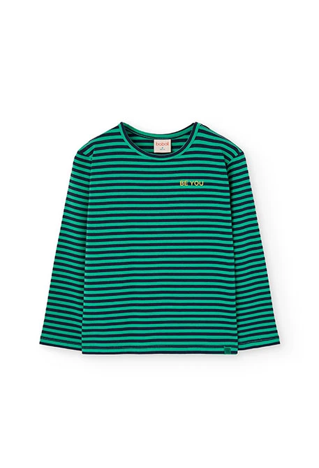 T-shirt fille rayée en maille vert et bleu marine