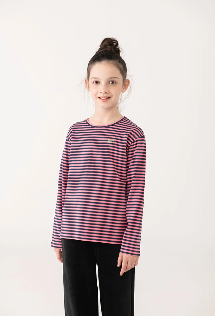 Mädchen-T-Shirt gestrickte Streifen in Rosa und Marineblau